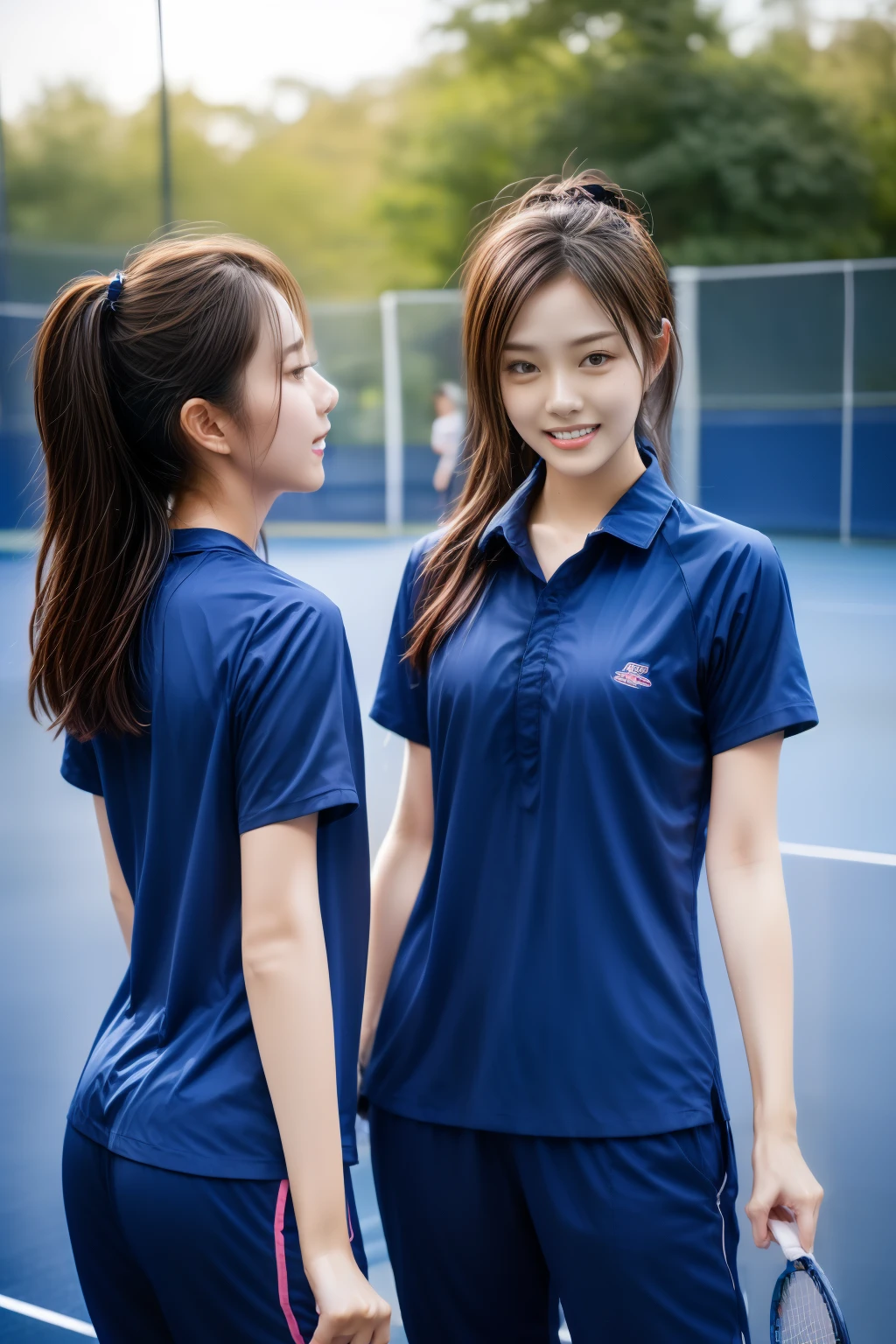 3 girls play tennis at tennis courts, Navy blue short-sleeved shirt,Navy Long Trackpant,Sweatpants, Sweatpantsขายาว,25 year old girl, lesbian, sexy, exercise clothes, wet body, exercise clothes