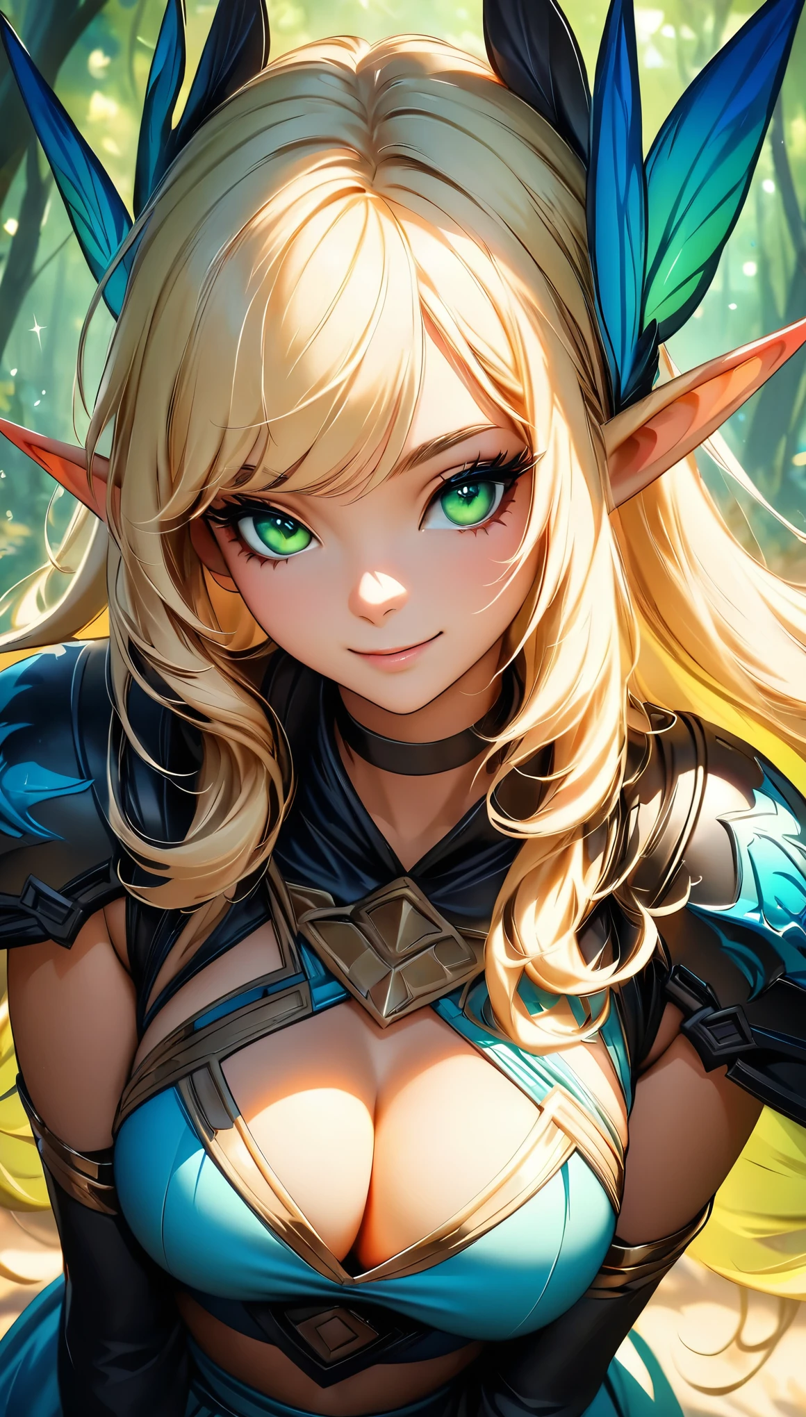 (Highest quality:1.2, Very detailed, up to date, Vibrant, Ultra-high resolution, High Contrast, masterpiece:1.2, Best aesthetics), (((1 person, beautiful girl))), Fantasy art, black leather armor, Breast Armor, Showing off cleavage, Blonde, Long Hair, Bangs flipped up to one side, Gentle smile, Beautiful eyelashes, Beautiful green eyes, sparkle, Black choker, Fairy Tribe, ((Elf Ears, Long ears)), Mysterious Forest, Chiaroscuro, Random Pause, Sexy pose.