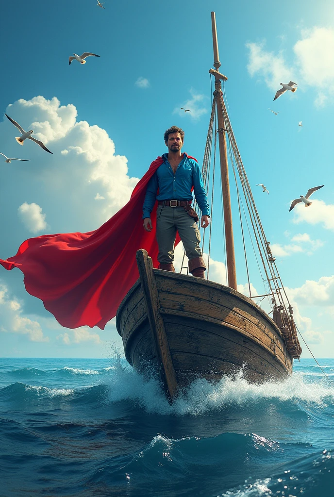 Create a male character with a red cape, blue shirt and gray pants on a boat in the middle of the sea