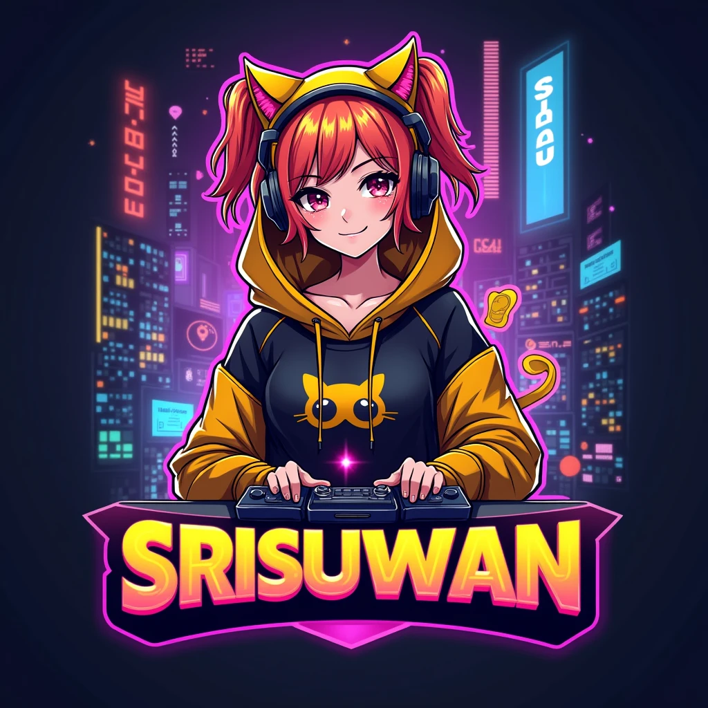 Create a mascot logo using a female gamer mascot wearing a gold and black hoodie with a cat design and the word “SRISUWAN” below.