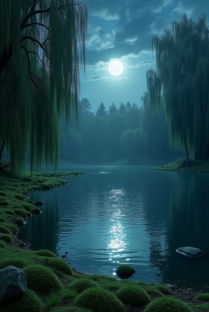 Large round lake in the forest with moss and grass at night. Full moon in the sky. Many weeping willows in the background around the pond. Landscape format. Lake is a circle.