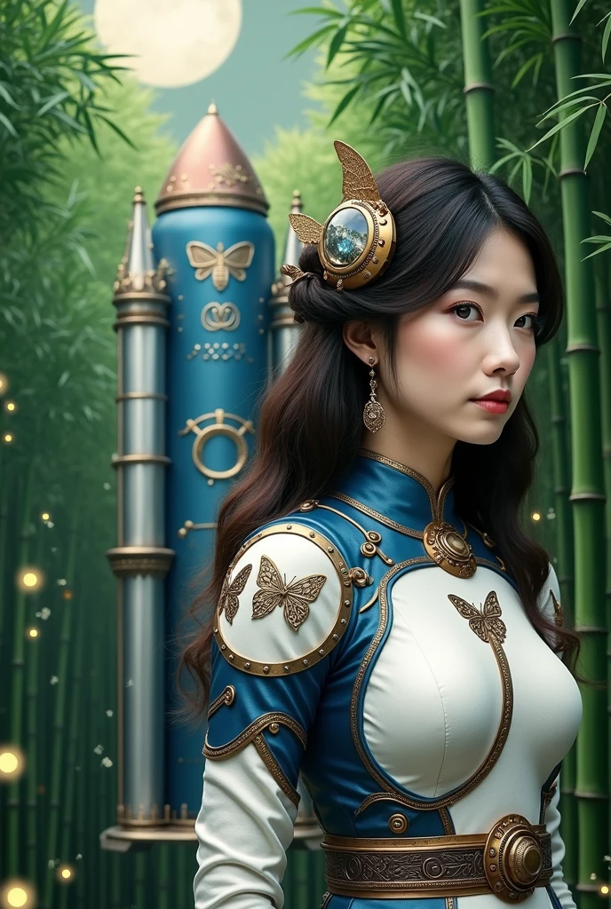An incredibly beautiful Japanese woman in a steampunk style space suit is about to board a giant steampunk style butterfly space rocket、In the green bamboo forest, Rocket launch site、 Big Moon、Japanese, Chinese, young Asian, Beautiful Japanese Face, Traditional Japanese, Japanese women, of bamboo, elegant Japanese women, like々The beauty of Japan, deep in a japanese bamboo forest, Asian