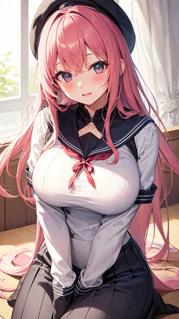 One person, solo, Long Hair, Big Breasts、bangs, Large Breasts, Blushing, Double、Sailor suit、Pink Hair