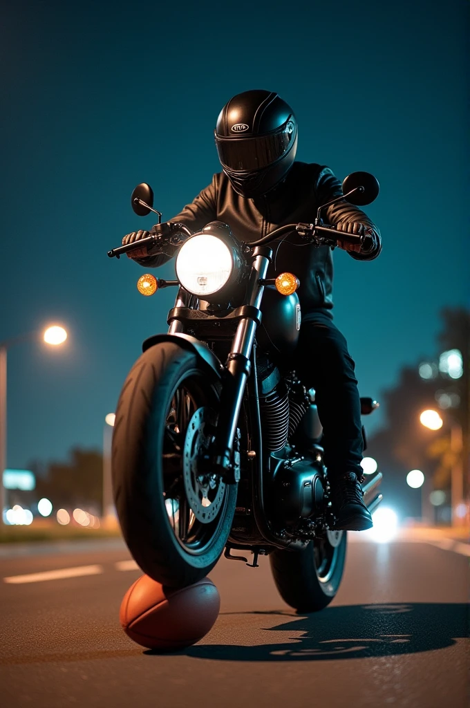 A motorcycle rider hold football in his foot at night authentic pic