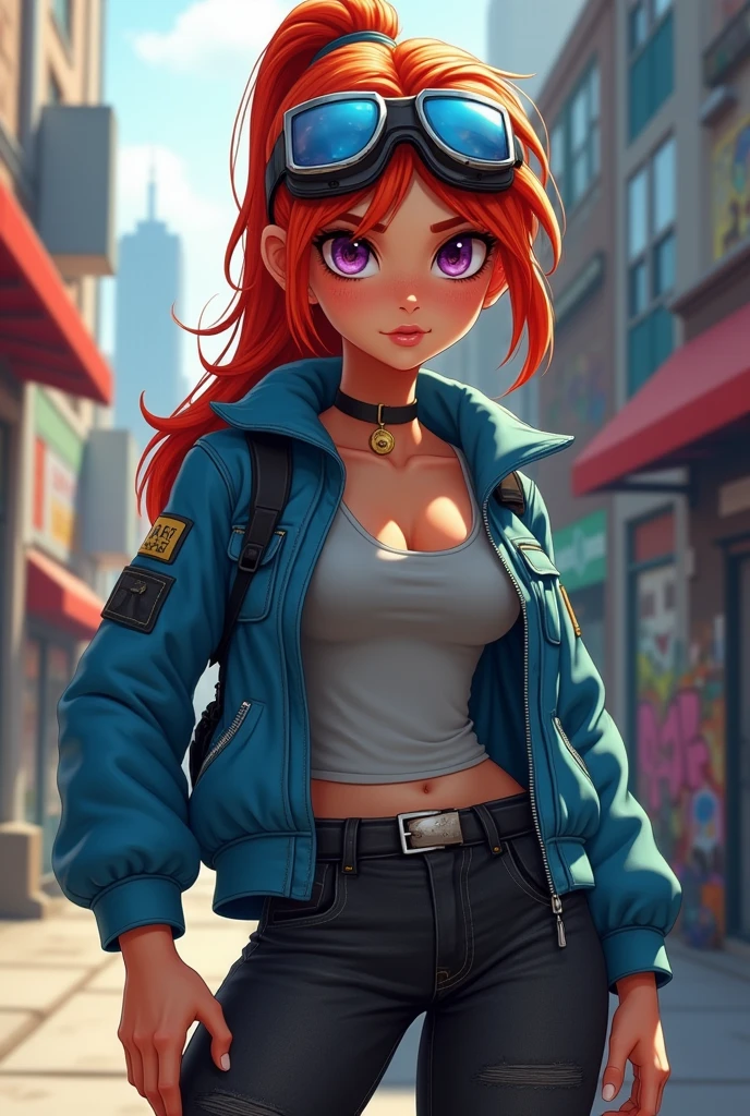 A tanned 16 year old girl with red high long ponytail and sharp purple eyes 
She is wearing a tank top with blue jacket and black jeans and goggles 
She had a fierce expression 