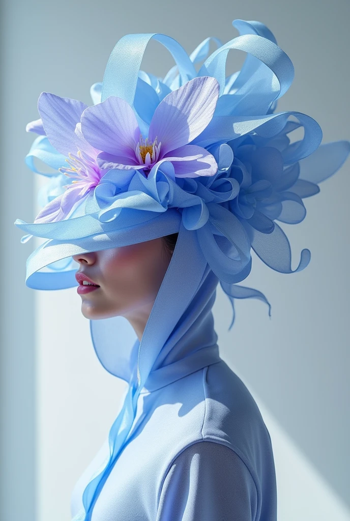 blue purple Orchid flower fashion inspired weaving hat made with ribbons for design development drawing. Take the flower shape for make the hat shape