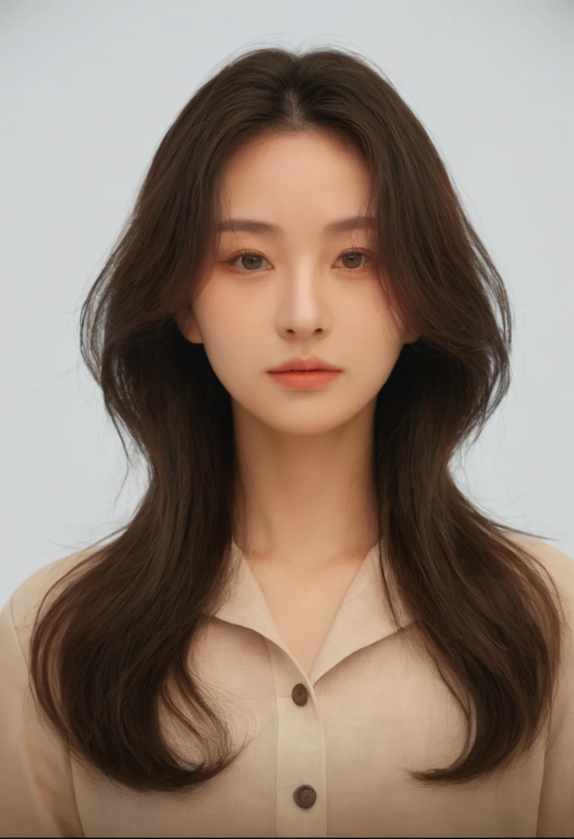 Best Quality, 8k, Masterpiece, (Portrait: 1.3), (photo realistic:1.4), (hyper realistic:1.4), Sharp Focus, looking at viewer, (smoother lighting:1.1), (increase cinematic lighting quality:0.9), realistic lighting, backlighting, light on face, ray trace, (brightening light:1.2), (Increase quality:1.4), sharp detail, (best quality real texture skin:1.4), finely detailed eyes, black_eyes, finely detailed face, 25 year old Korean woman, (white formal_shirt:1.4), (Create an image maintaining the original base model hairstyle:1.5)