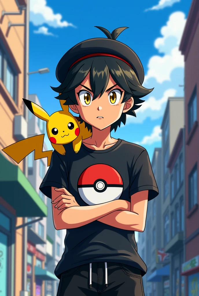 a  young man, tanned skinned brunette appears with slightly messy short wavy black hair, falling on his forehead. your eyes are bright yellow intimidating, Wearing a black t-shirt printed with an ultra ball, a black beret and black jeans, He carries a backpack His expression is reserved and he always has his arms crossed, while his focused gaze reveals the agile mind of someone always ready to learn more, and on his shoulder sits his loyal friend pikachu. (アニメ)