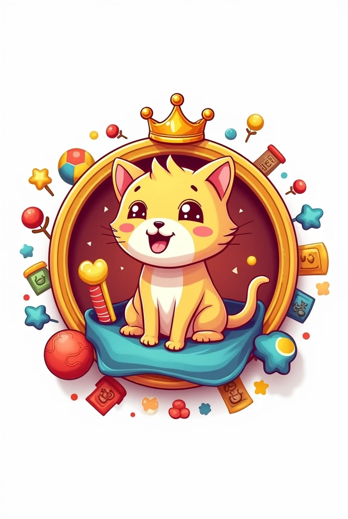 Develop a vibrant emblem logo for 'Jessir Duniya' featuring a Cat wearing a tiny crown and sitting inside a decorative frame adorned with pet accessories like toys and treats. Use a colorful palette of red, yellow, and blue to convey a sense of joy and celebration. The logo should be eye-catching and festive against a white background.
