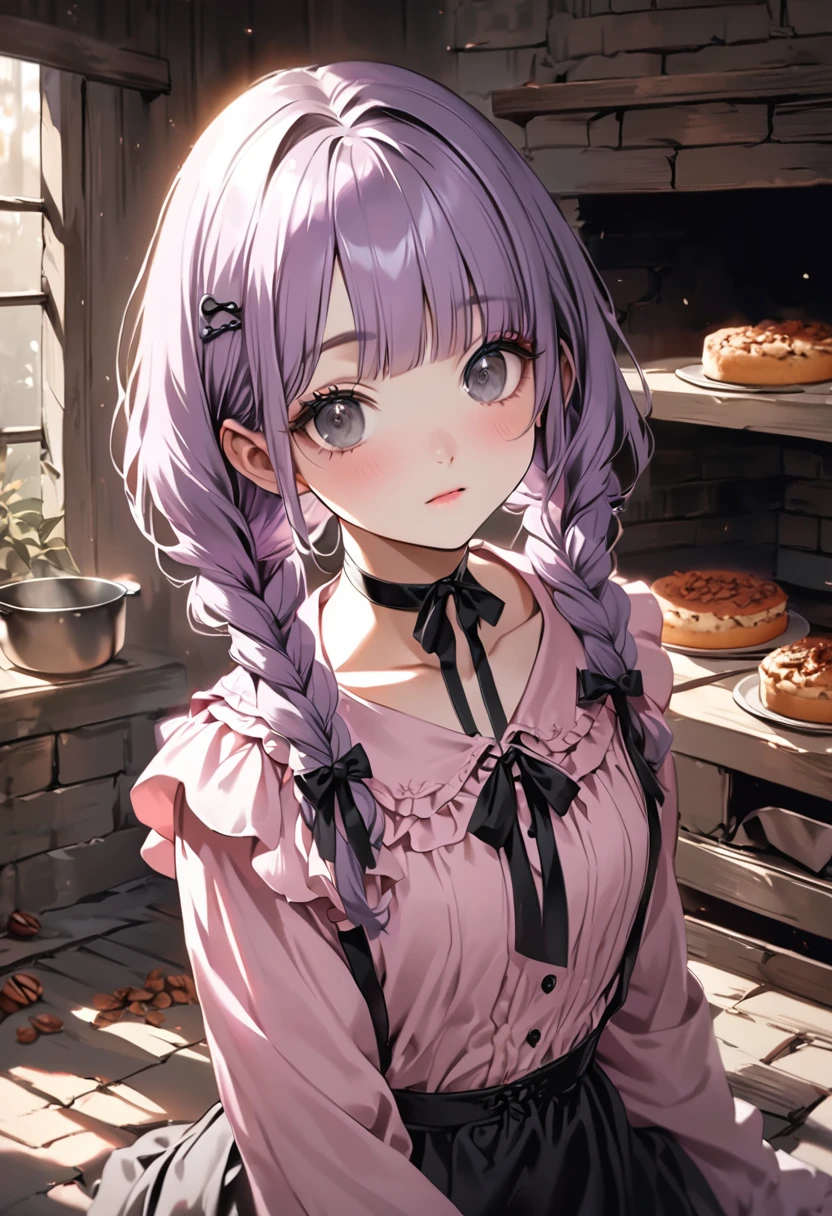 (Cute a girl:1.5), (a girl with closs hair pin, pale purple hair, wavy two braids, blunt bangs hair, green and black eyes, closs hair pin,
pink shirt,cosplay, jirai kei, bangs, black skirt, black bow, looking at viewer, bow, long sleeves, choker, ribbon:1.4), soft cleans,anime visual, (tilt head:1.3), realistic lighting and shading, (an extremely delicate and beautiful art:1.3),muted colors,An antique brick oven baking pecan cakes,