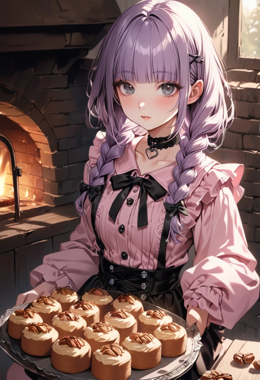(Cute a girl:1.5), (a girl with closs hair pin, pale purple hair, wavy two braids, blunt bangs hair, green and black eyes, closs hair pin,
pink shirt,cosplay, jirai kei, bangs, black skirt, black bow, looking at viewer, bow, long sleeves, choker, ribbon:1.4), soft cleans,anime visual, (tilt head:1.3), realistic lighting and shading, (an extremely delicate and beautiful art:1.3),muted colors,An antique brick oven baking pecan cakes,