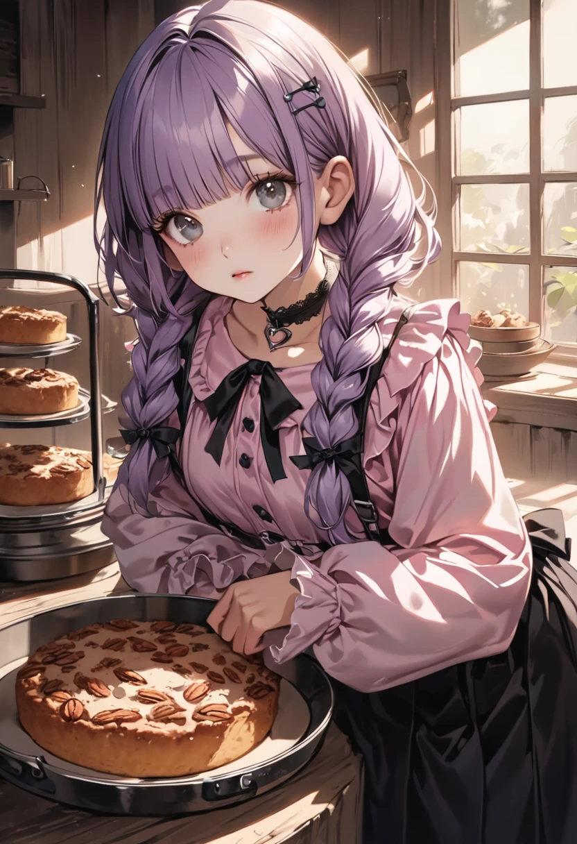 (Cute a girl:1.5), (a girl with closs hair pin, pale purple hair, wavy two braids, blunt bangs hair, green and black eyes, closs hair pin,
pink shirt,cosplay, jirai kei, bangs, black skirt, black bow, looking at viewer, bow, long sleeves, choker, ribbon:1.4), soft cleans,anime visual, (tilt head:1.3), realistic lighting and shading, (an extremely delicate and beautiful art:1.3),muted colors,An antique brick oven baking pecan cakes,