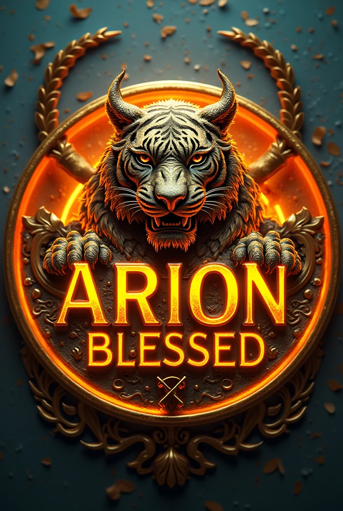 3D logo with name written "ARION BLESSED" there is a picture of a tiger behind the writing, round shape, emboss effect, kuning steel, artistic elegance, glowing efek.auto focus, warna logo KUNING metalik, latar belakang one piece