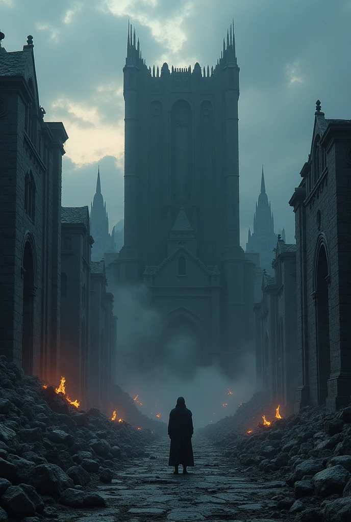 The wall that stood before us was formidable, perhaps the only well- maintained part of this city. Black onyx, stretching high above us and out to either side. The skyline beyond the wall, though... it was what bones were to bodies. What had once been buildings were now jagged spires of shattered stone, the mere suggestion of architecture—towers cracked and leaning on uneven piles of stone. The only lights upon this skyline were distant, wild flames along the jagged peaks of a few of the tallest