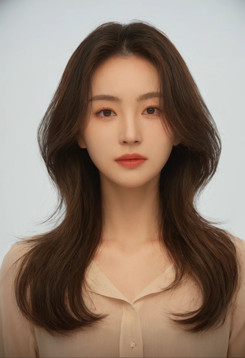 Best Quality, 8k, Masterpiece, (Portrait: 1.3), (photo realistic:1.4), (hyper realistic:1.4), Sharp Focus, looking at viewer, (smoother lighting:1.1), (increase cinematic lighting quality:0.9), realistic lighting, backlighting, light on face, ray trace, (brightening light:1.2), (Increase quality:1.4), sharp detail, (best quality real texture skin:1.4), finely detailed eyes, black_eyes, finely detailed face, 25 year old Korean woman, (white formal_shirt:1.4), (Create an image maintaining the original base model hairstyle:1.5)

