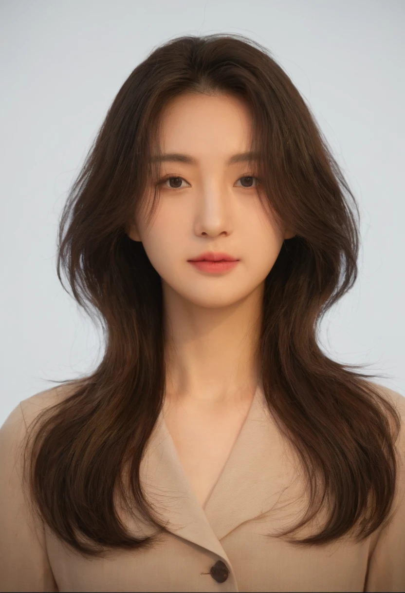 Best Quality, 8k, Masterpiece, (Portrait: 1.3), (photo realistic:1.4), (hyper realistic:1.4), Sharp Focus, looking at viewer, (smoother lighting:1.1), (increase cinematic lighting quality:0.9), realistic lighting, backlighting, light on face, ray trace, (brightening light:1.2), (Increase quality:1.4), sharp detail, (best quality real texture skin:1.4), finely detailed eyes, black_eyes, finely detailed face, 25 year old Korean woman, (white formal_shirt:1.4), (Create an image maintaining the original base model hairstyle:1.5)