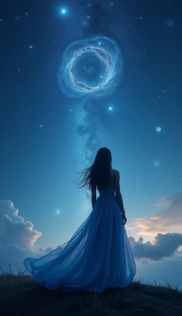 A woman looking up at the starry sky on a hill,Beautiful starry sky