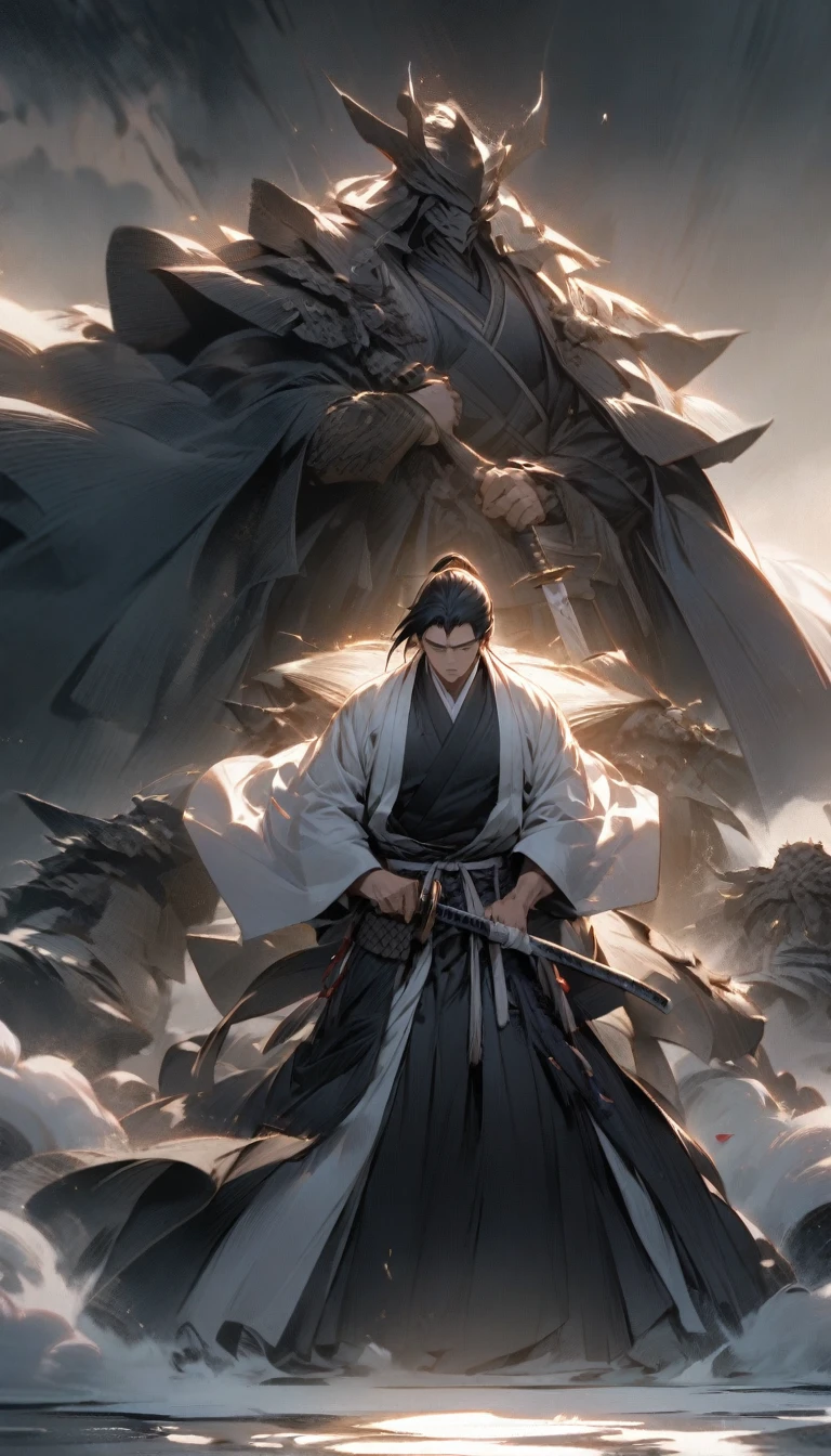 "A lone samurai standing in front of a cowering enemy, his hand casually resting on the hilt of a sheathed katana. The atmosphere is charged with tension, as if a single move could decide everything."