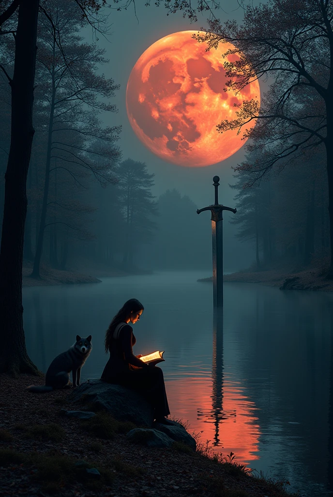 forest at night, full blood moon in the sky, a woman sitting by the sparkling black lake reading a large book. In the middle of the lake there is a medieval couple dancing, big wolves around, in the background there is a large sword buried in the lake with part of it showing