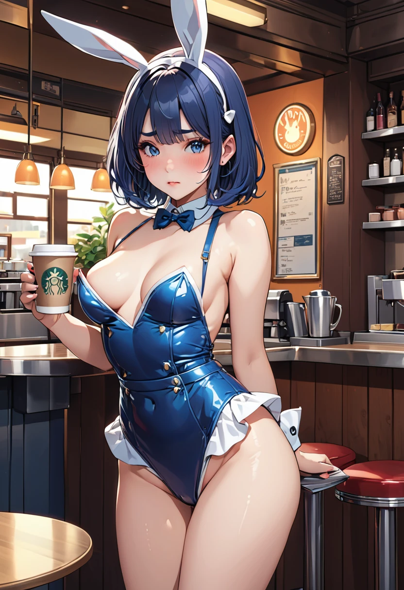 (masterpiece, best quality:1.1), (ultra highres, ultra-detailed:1.2),anime style illustration,Girl carrying coffee in a cafe,cafe Waitress,Wearing a bunny girl costume in cafe,bunny-suit Waitress, looking shy, BREAK (girl,yo,detailed face,(darkblue hair,wavy-short hair),middle thick eyebrows,middle small breasts),