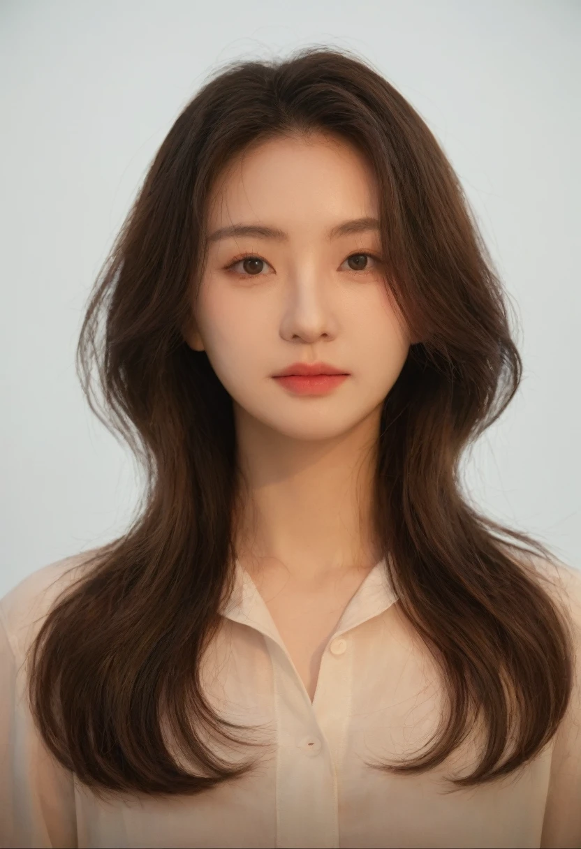 Best Quality, 8k, Masterpiece, (Portrait: 1.3), (photo realistic:1.4), (hyper realistic:1.4), Sharp Focus, looking at viewer, (smoother lighting:1.1), (increase cinematic lighting quality:0.9), realistic lighting, backlighting, light on face, ray trace, (brightening light:1.2), (Increase quality:1.4), sharp detail, (best quality real texture skin:1.4), finely detailed eyes, black_eyes, finely detailed face, 25 year old Korean woman, (white formal_shirt:1.4), (Create an image maintaining the orig...