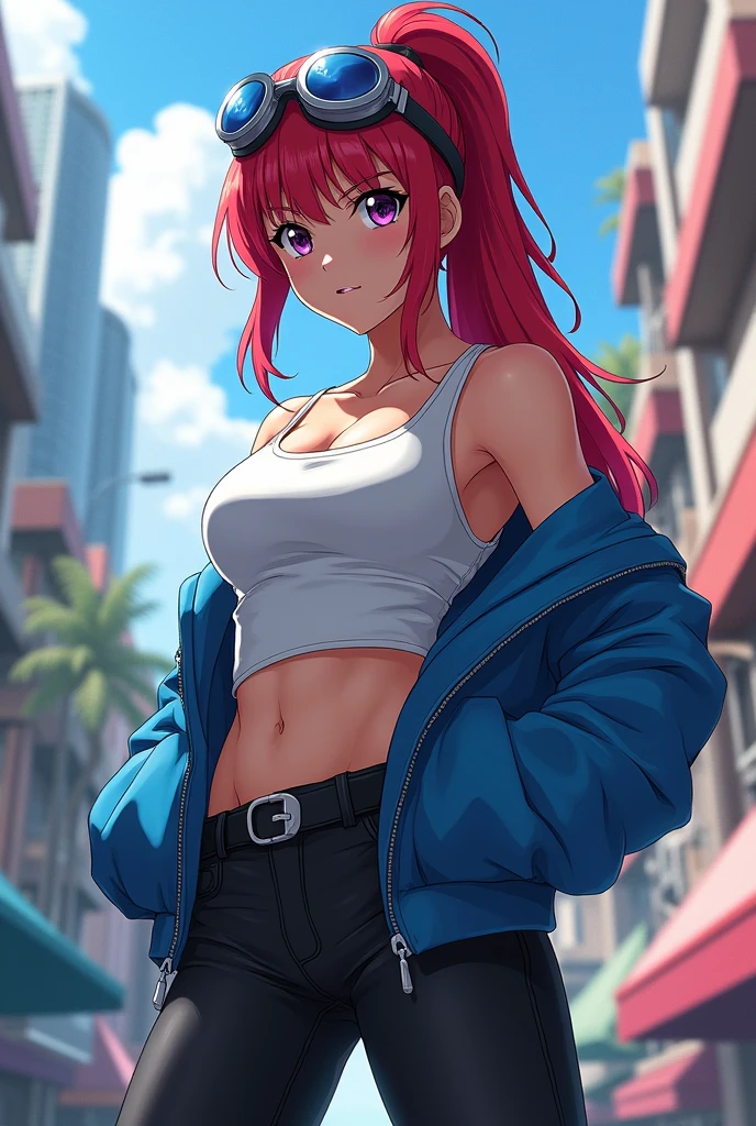A tanned 16 year old  anime girl with red high long ponytail and sharp purple eyes 
She is wearing a tank top with blue jacket and black jeans and goggles 
She had a fierce expression 