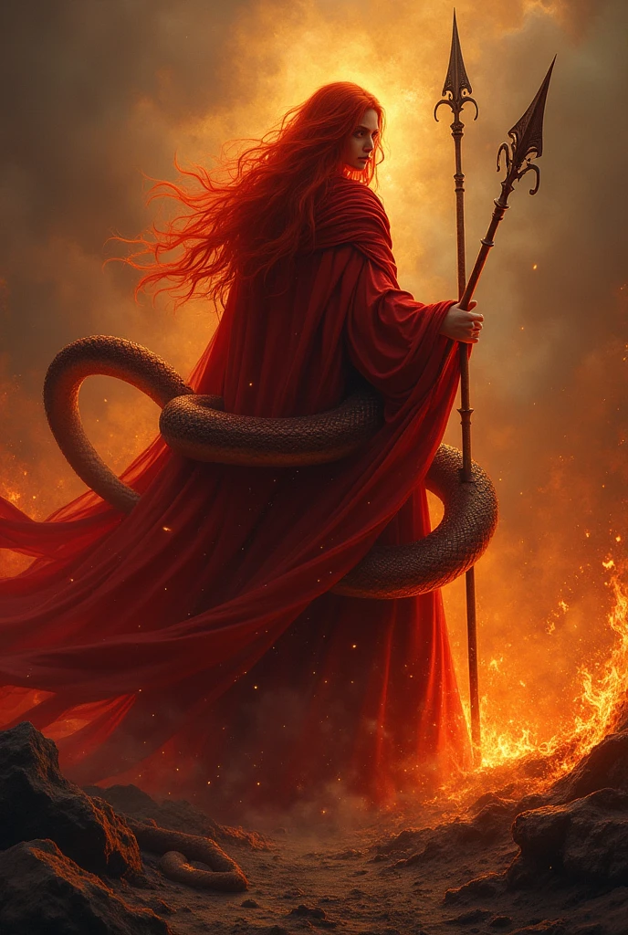 Old oil painting, Deep red long hair, The red mage is holding a long, shiny spear., Full Crimson Cloak, Standing in the dim flames, (A giant snake wraps around my body), The red fire burns the surroundings, Remains, dark fantasy vibe