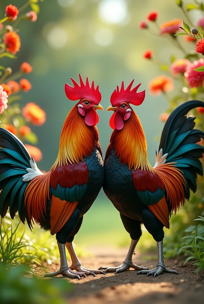 Two roosters with human feet licking each others toes sensually