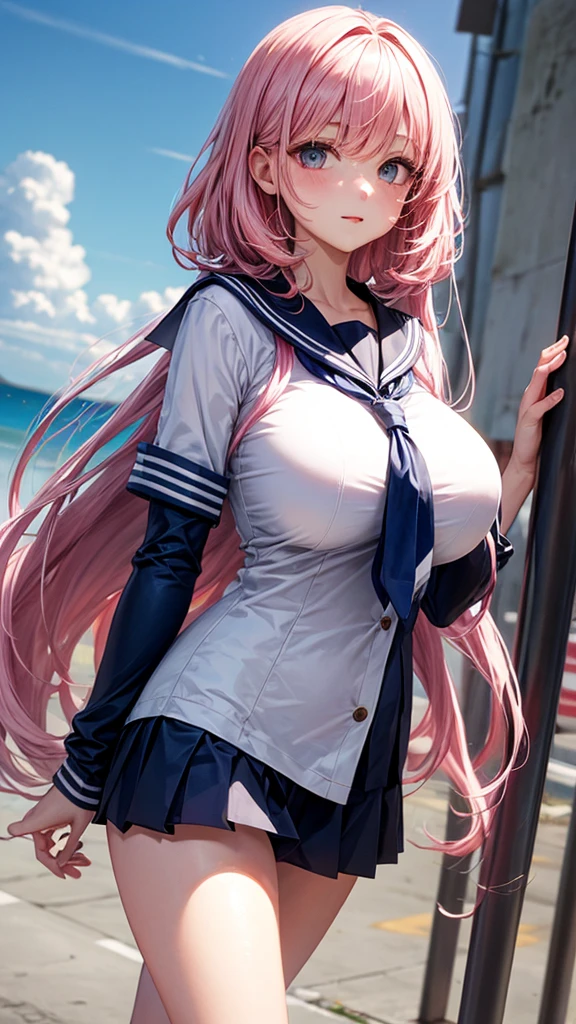 One person, solo, Long Hair, Big Breasts、bangs, Large Breasts, Double、Sailor suit、Pink Hair