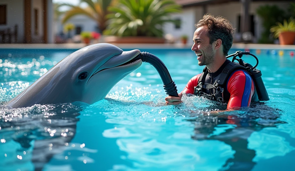 The dolphin&#39;s mouth is connected to a black hose、A dolphin is biting the end of a hose、The dolphin is in the pool、A man is holding a hose、Man is wearing scuba diving clothes