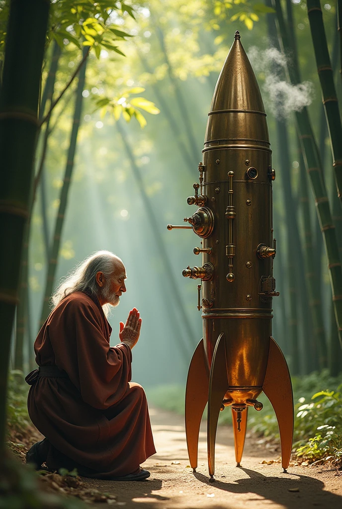 Couple、 Old man and woman、 An elderly Japanese man from the Heian period worships a steampunk style rocket in a bamboo grove、