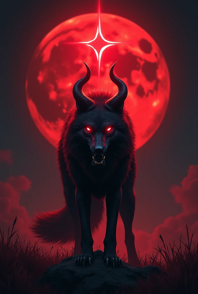 An redish black moon background, a pentagonal star and a realestic devil wolf in middle