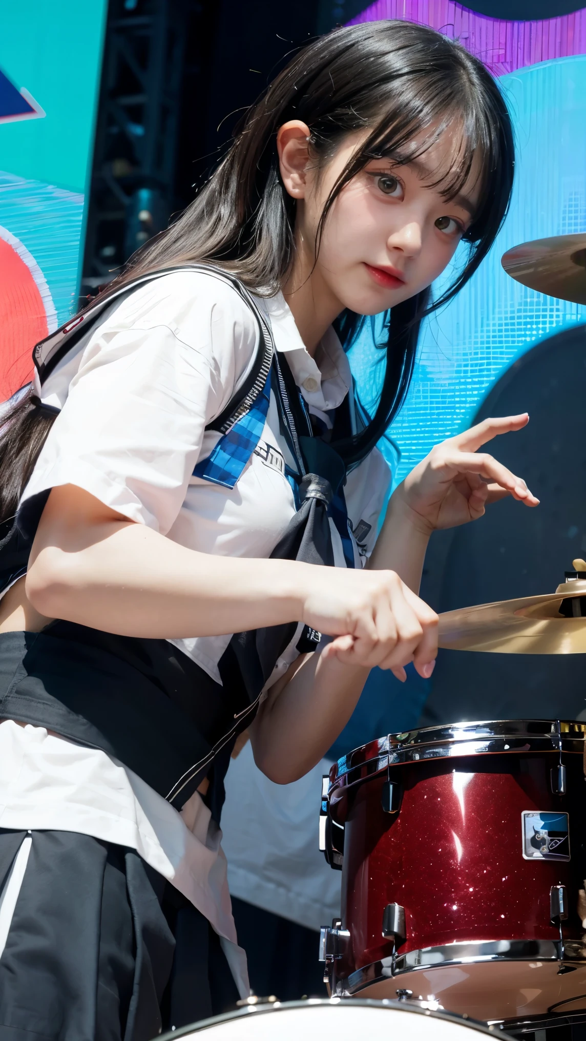 1girl, colorful school outfits, ray tracing, concert stage, school girl, drummer,