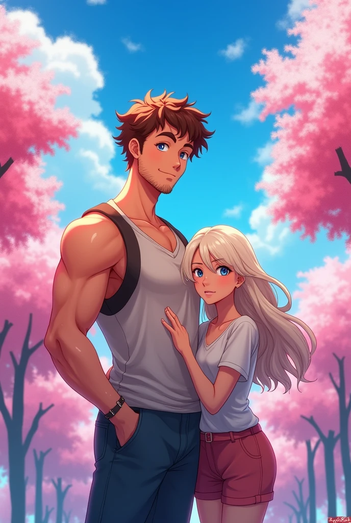 Young tall muscular man short curly dark auburn hair, light beard necklace and blue green eyes with girl his age tall long wavy platinum blonde hair blue eyes and dimple anime version