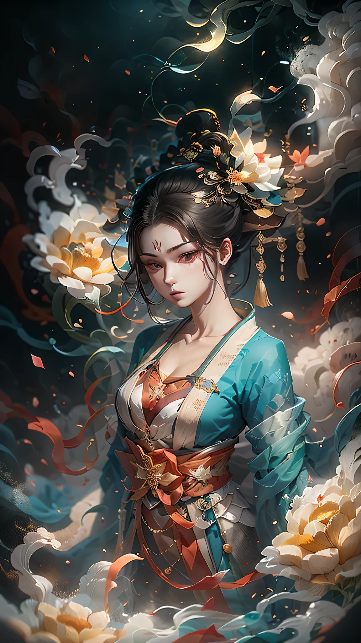 Fantasy，8k,Highly detailed CG unit wallpaper, masterpiece,High resolution,Highest quality,Highest quality real texture skin,,Increase the resolution,Full body photo of a girl in lotus position，born, Cinematic shots, (Sharp focus:1.5), (Realistic:1.4), dusk lighting, Volumetric lighting, 超High resolution, 16K,Dramatic lighting, Abstract background：1.5）（Tangleた，Datura stramonium，Tangle，Intertwined：0.7）Fox Witch，kitsune mask，Haori, Foxfire spells, Fox family, conversion, Depth of written boundary, A fantastic atmosphere, The most beautiful form of chaos, Elegance, Fauvist Design Dark Theme, flowers of death, flowers of ecstasy，Glowing Lines,Glow Example，Tracking example，flash， Backlight，translucent，Particles of light、Empty is color、Different world
