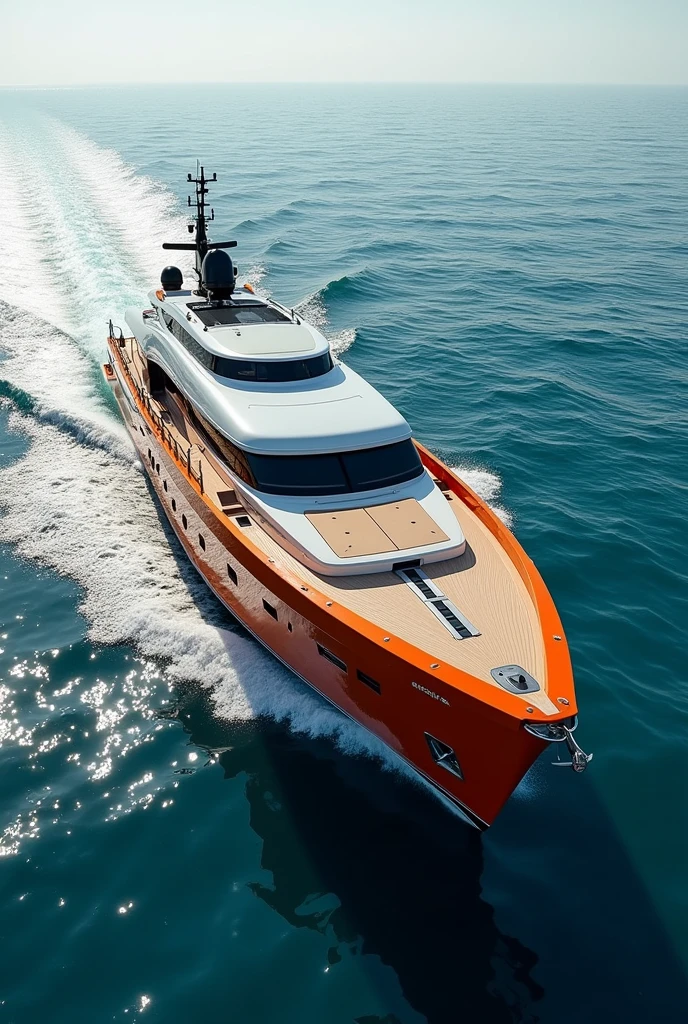 The country of zypern of arabia as a modern motoryacht, colors of the flag (orange, white, black), large yacht, on water, ultra-realistic