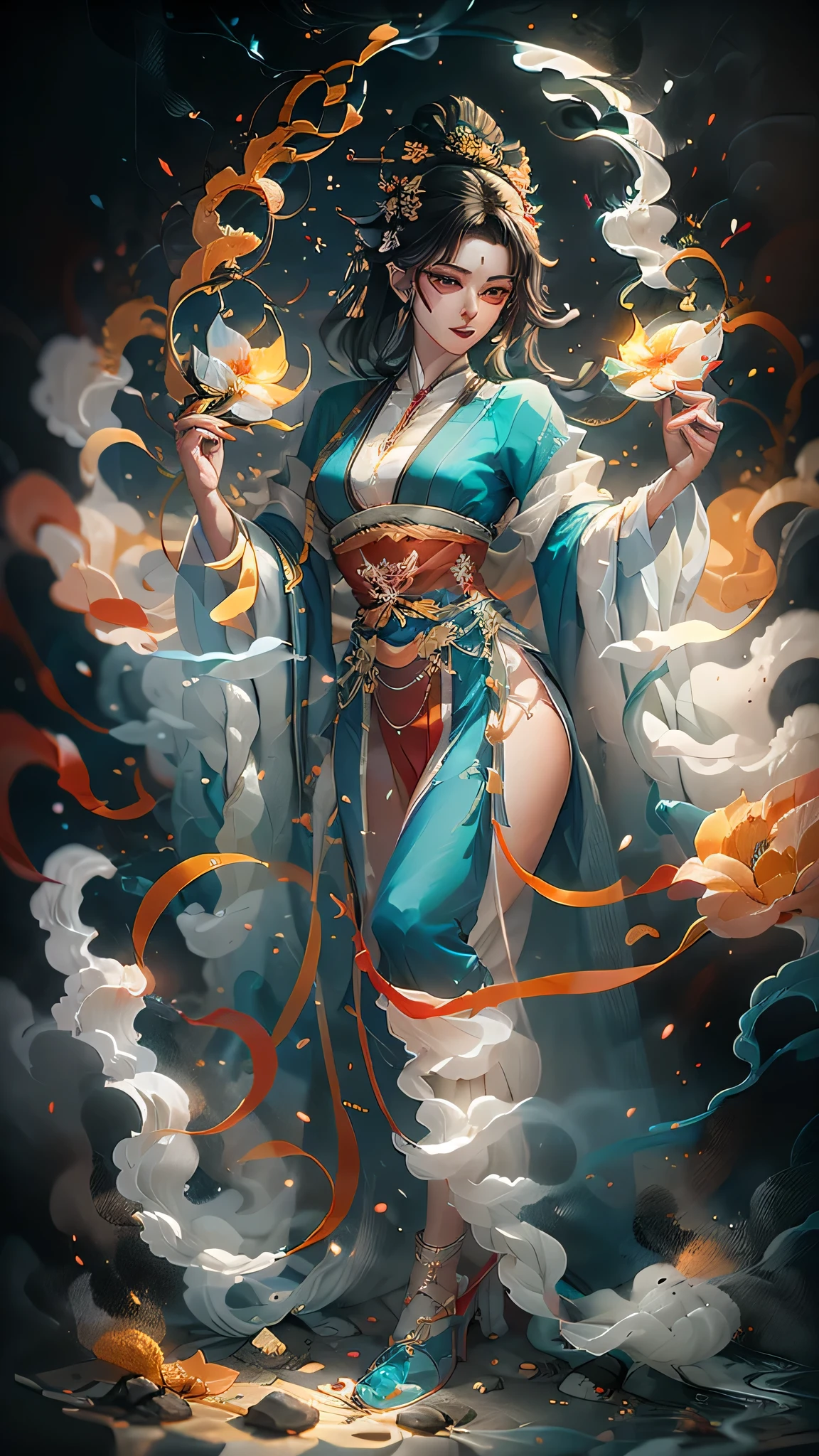 Fantasy,8k,Highly detailed CG unit wallpaper, masterpiece,High resolution,Highest quality,Highest quality real texture skin,,Increase the resolution,Full body photo of a girl in lotus position,born, Cinematic shots, (Sharp focus:1.5), (Realistic:1.4), dusk lighting, Volumetric lighting, 超High resolution, 16K,Dramatic lighting, Abstract background:1.5)(Tangleた,Datura stramonium,Tangle,Intertwined:0.7)Fox Witch,kitsune mask,Haori, Foxfire spells, Fox family, conversion, Depth of written boundary, A fantastic atmosphere, The most beautiful form of chaos, Elegance, Fauvist Design Dark Theme, flowers of death, flowers of ecstasy,Glowing Lines,Glow Example,Tracking example,flash, Backlight,translucent,Particles of light、Empty is color、Different world