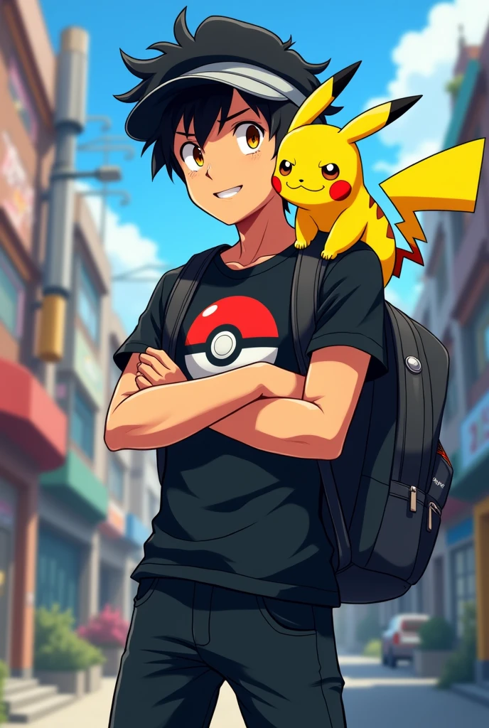 a  young man, tanned skinned brunette appears with slightly messy short wavy black hair, falling on his forehead. your eyes are bright yellow intimidating, Wearing a black t-shirt printed with an ultra ball, wears a black hat on one side and black jeans, he carries a backpack, always with crossed arms, while his focused gaze reveals the agile mind of someone always ready to learn more, and on his shoulder sits his loyal friend pikachu. (アニメ)