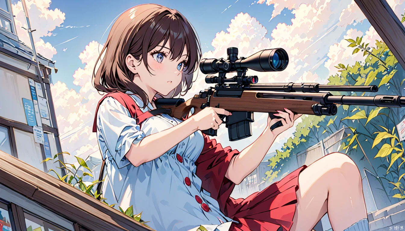 high school girl、sniper rifle、Get Ready、Side angle