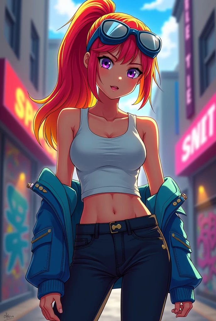A tanned 16 year old anime girl with red high long ponytail with yellow gradient and sharp purple eyes
She is wearing a tank top with blue jacket and black jeans and goggles
She had a fierce expression