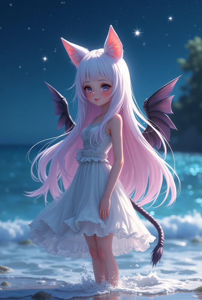 light white-pink long hair,cat ears,big breasts,pale fantasy dress,night sea fantasy world space,black wings,bashful face,soaking feet