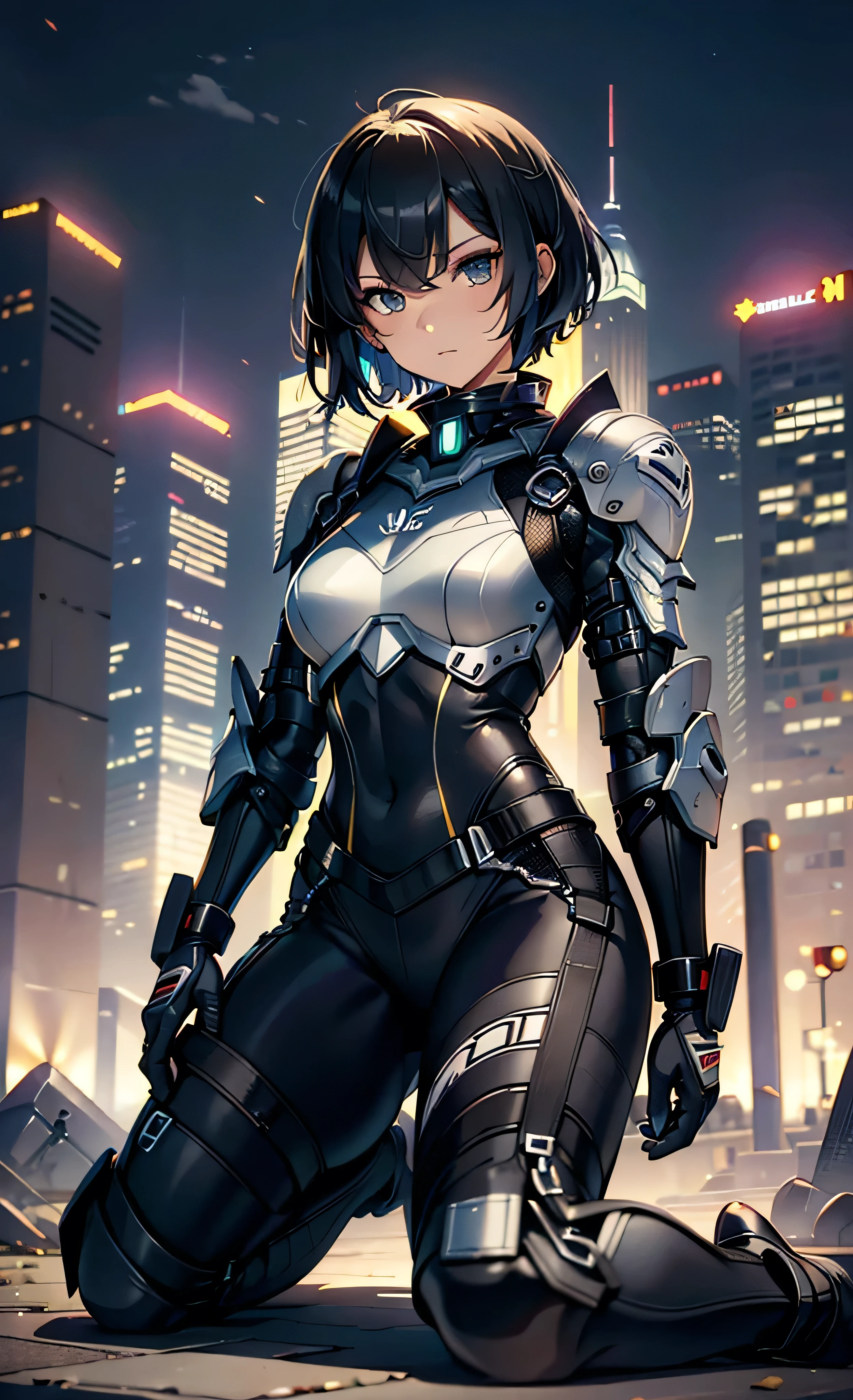 best qualityer,tmasterpiece,Ultimate resolution,downy,Extremely colorful,Colorful,Women combatants,(Kneeling pose)a matural female,Black super short hair,Tight combat suit,tightsuit,Steel City background,the night,Normal posture,Normal posture