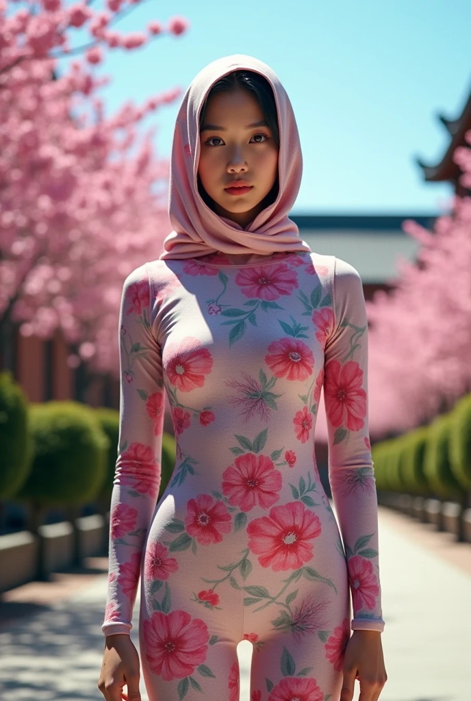 A beautiful and thin chinese student girl wears floral print lycra turtleneck unitard catsuit and always wear floral print lycra hijab-like hood.