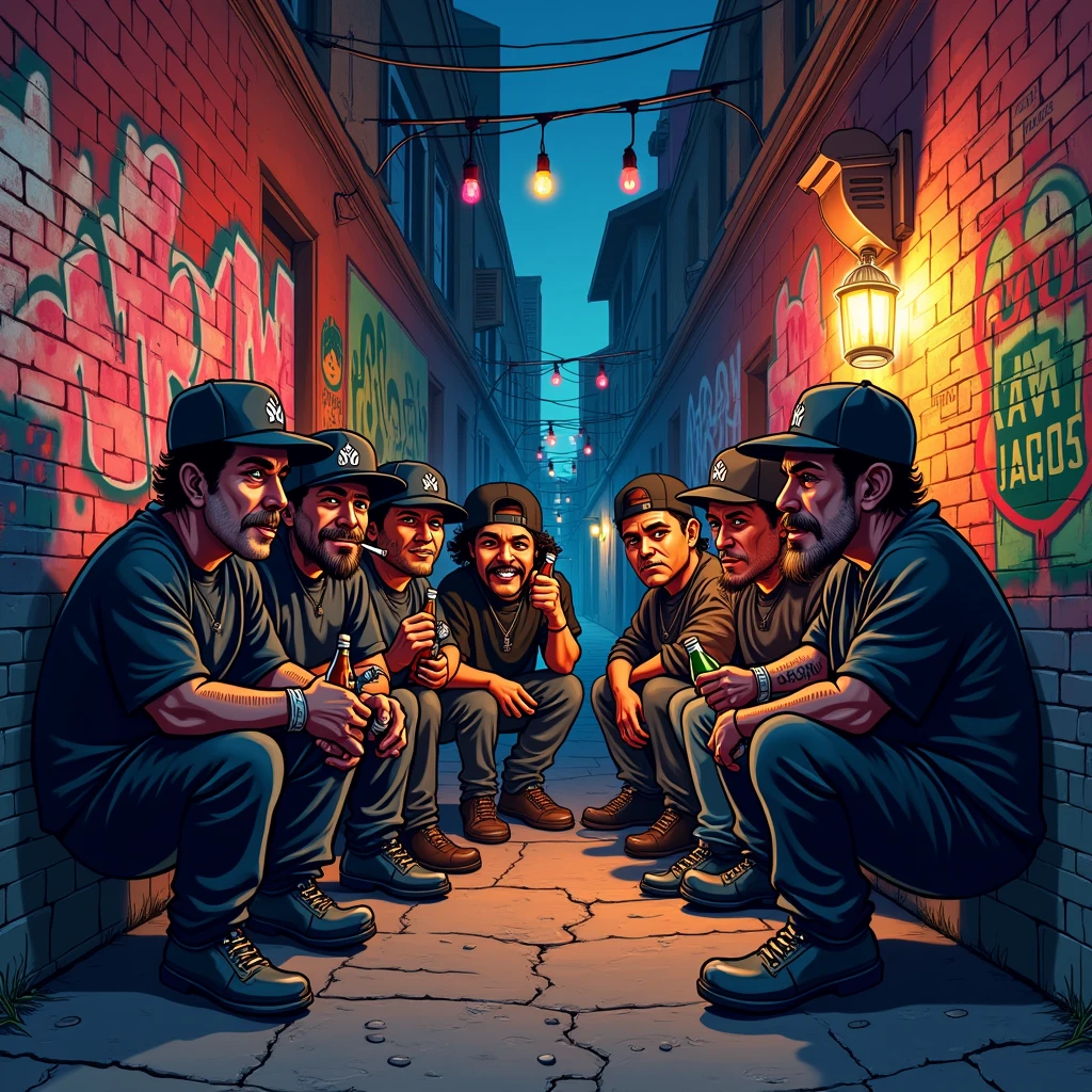 Illustration of a graffitied alley of the 90s gangster underworld in Los Angeles at night in a cartoon movie style with black caps, cigarettes and alcohol
