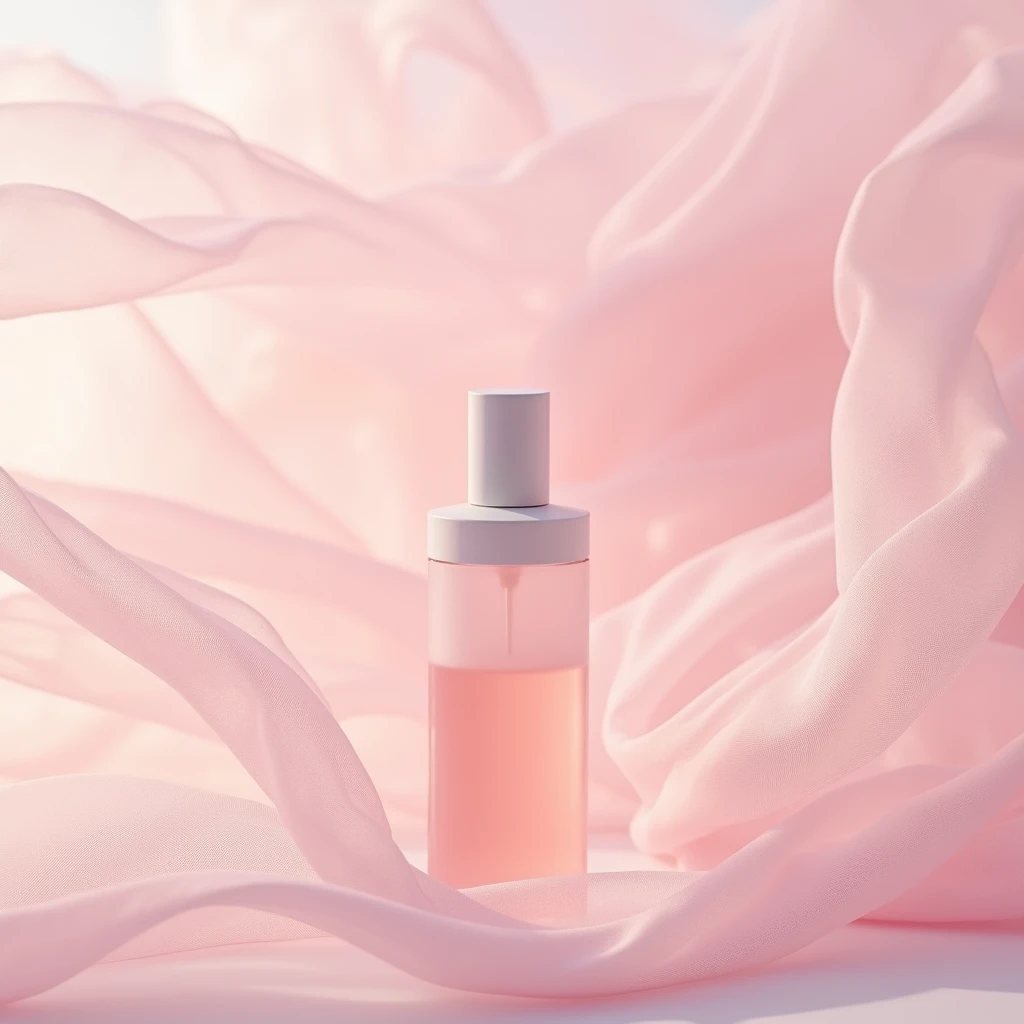 Pink series Commercial photography , SKIl essence bottle , tulle fluttering in the wind , delicate texture , minimalism , romantic tone , translucent , beautiful , graceful lines , naturalrealistic photography , high resolution , fine details ,8k --s 50