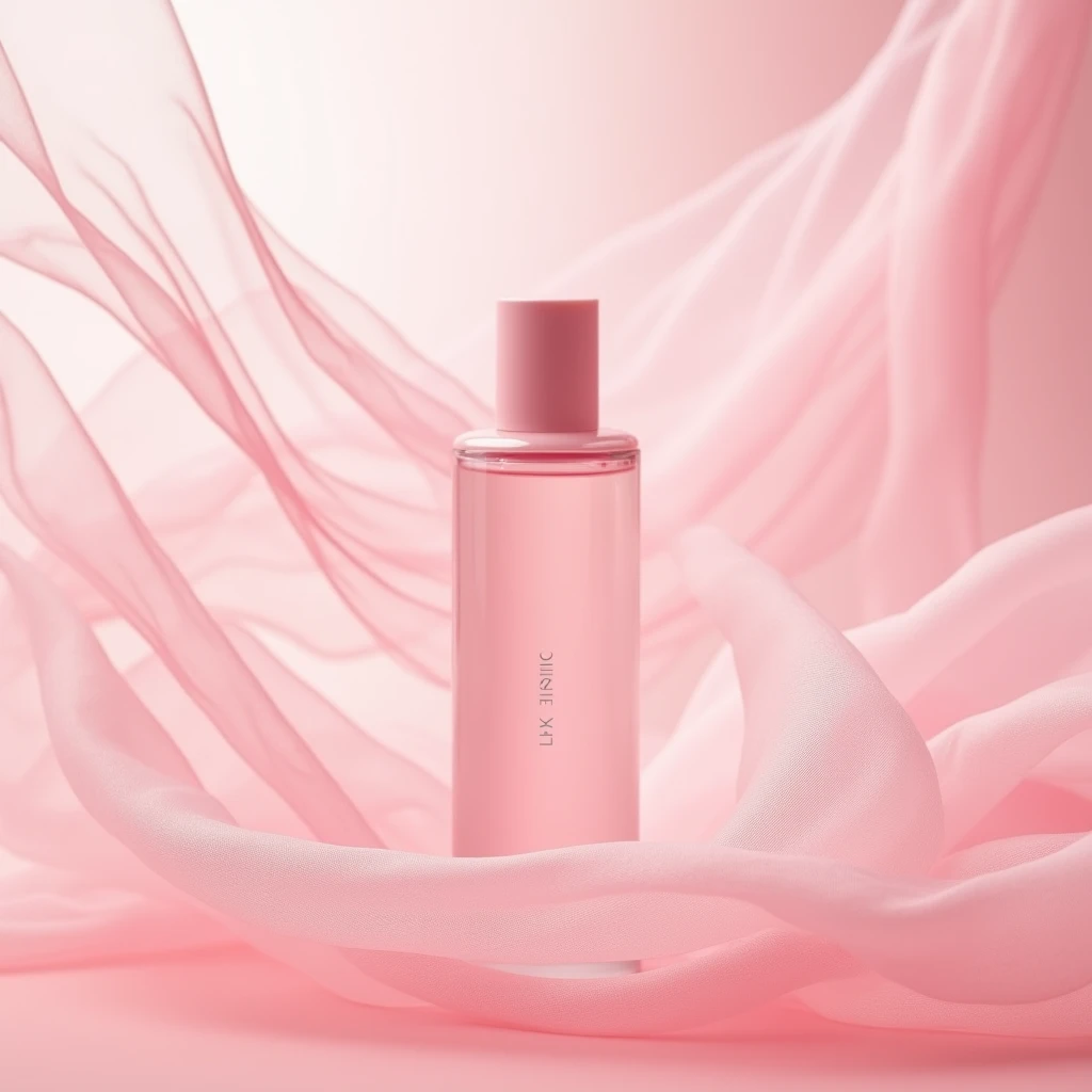 Pink series Commercial photography , SKIl essence bottle , tulle fluttering in the wind , delicate texture , minimalism , romantic tone , translucent , beautiful , graceful lines , naturalrealistic photography , high resolution , fine details ,8k --s 50