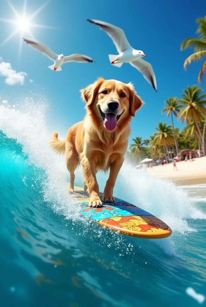 A dog surfing on a sea with a cute smile 