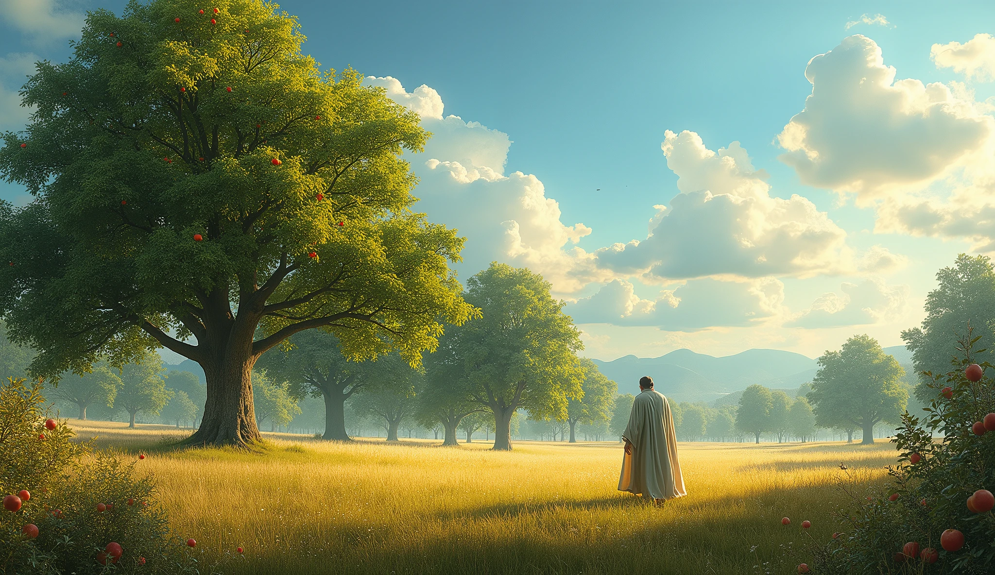 Create an image of a large field where several trees of different types are planted. Each tree represents a type of investment, and together they form a prosperous and varied orchard. Some trees are loaded with fruit, others are at different stages of growth, symbolizing that diversification brings a steady and secure harvest. Solomon can be seen walking among the trees, checking your growth and contemplating the wisdom of keeping your investments diversified.