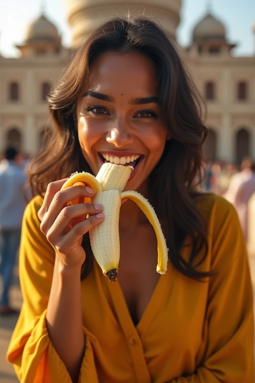 A beautiful Indian woman in her 30s、Looking straight ahead、With an erotic and ecstatic look、Looks delicious、Open your mouth wide、Eating a peeled banana。Background、Famous tourist spots in India please。There are five fingers on one hand。9:In 16 sizes、Highest quality、A masterpiece please。