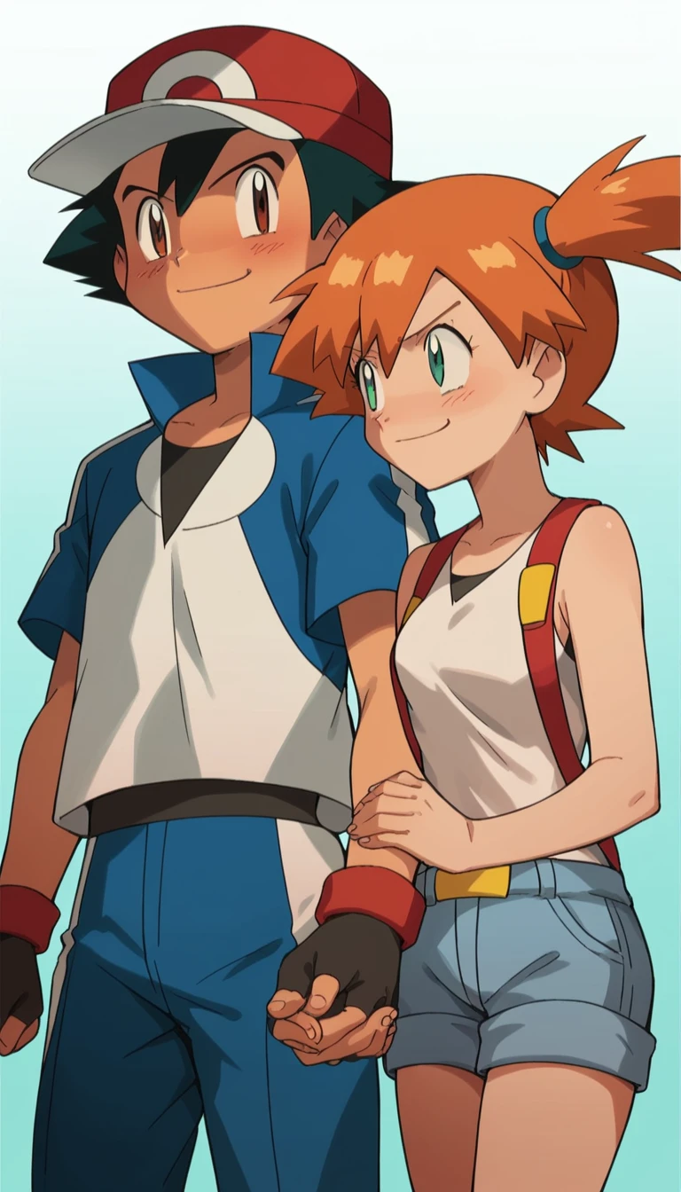 1boy, ash ketchum, red baseball cap, open blue jacket, white t-shirt, white short sleeves jacket, dark blue bermuda shorts, fingerless gloves, black hair, brown eyes, hair between eyes, smug look

1girl, misty, Pokémon, orange hair, green eyes, side ponytail, white tank top showing her belly button, blue jeans shorts, blushing and embarrased look

a beautiful photography of a 18 years old couple, he's flirting with her, they're both tangled up for the red string of fate, looking at each other, holding hands 